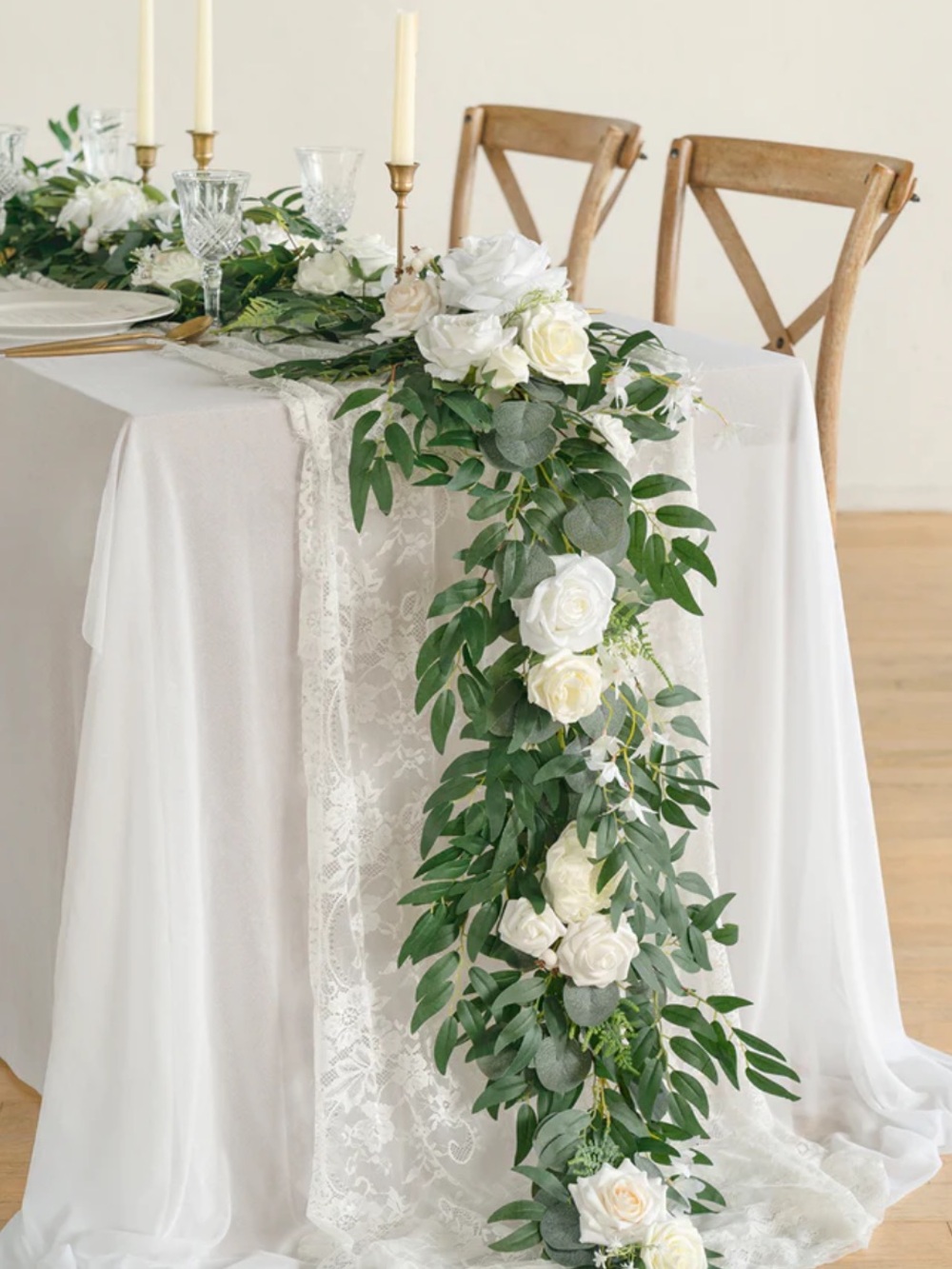 White Rose & Greenery Table Runner - Cascading Floral Garland